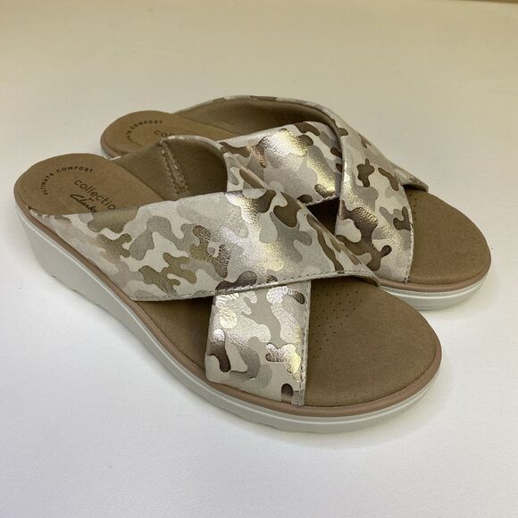 Clarks Collection Jillian Wedge Slides Criss Cross Sandals Tan Gold Camo Size 6 - Picture 1 of 10